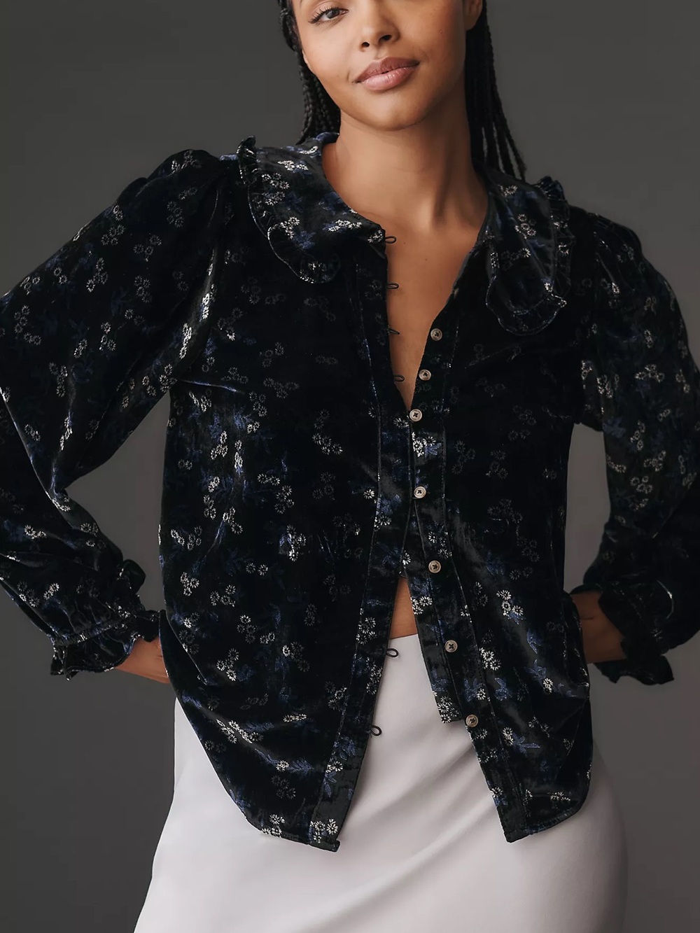 Keira Collared Button-Front Blouse by Pilcro: Long-Sleeve Velvet Edition